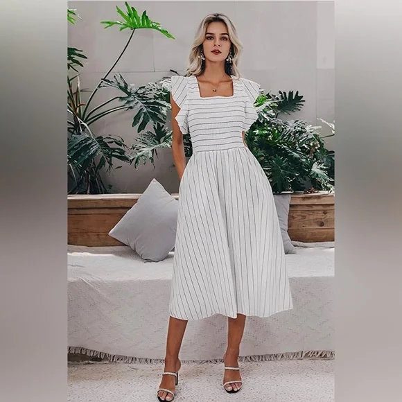 Dresses | Striped Linen Long Dress Elegant Ruffle Cap Sleeves Midi Dress |  Poshmark